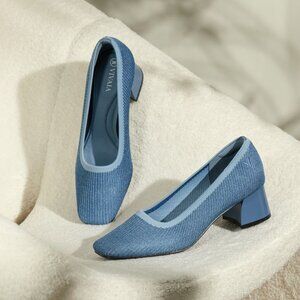Vivaia Melody Square-Toe Chunky Heels in Denim Blue Size 9